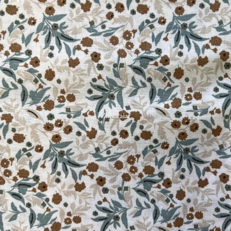 Tecido Popeline Florinhas Bege, Azul e Castanho 1.50m largura, Le Tissu By Domotex
